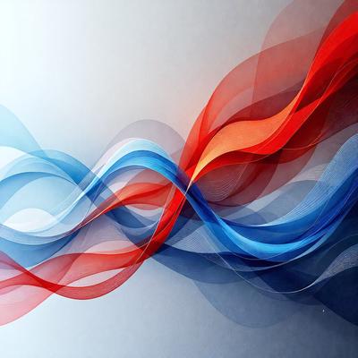 The primary subject of the image is a blue, red, and white wave pattern. The setting is a white background, and the visual style is digital art. The dominant colors are blue, red, and white, creating a vibrant and energetic atmosphere.